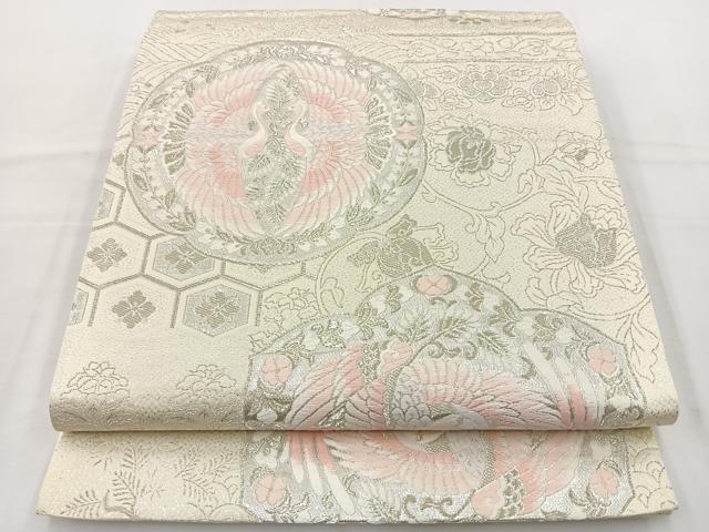 平和屋着物◎六通柄袋帯 唐織 向かい鳥花文 銀糸 正絹 逸品 BAAT6271ea