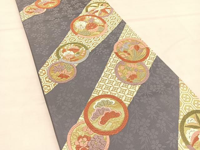 平和屋着物◎六通柄袋帯 唐織 花丸文 金糸 正絹 逸品 BAAT6360hv