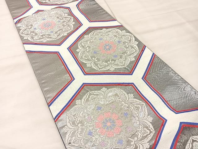 平和屋着物◎六通柄袋帯 唐織 亀甲花文 銀糸 正絹 逸品 BAAT7340mz