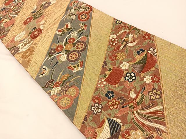 平和屋着物◎六通柄袋帯 唐織 ふくれ織 花蝶文 金糸 正絹 逸品 BAAT7610ow