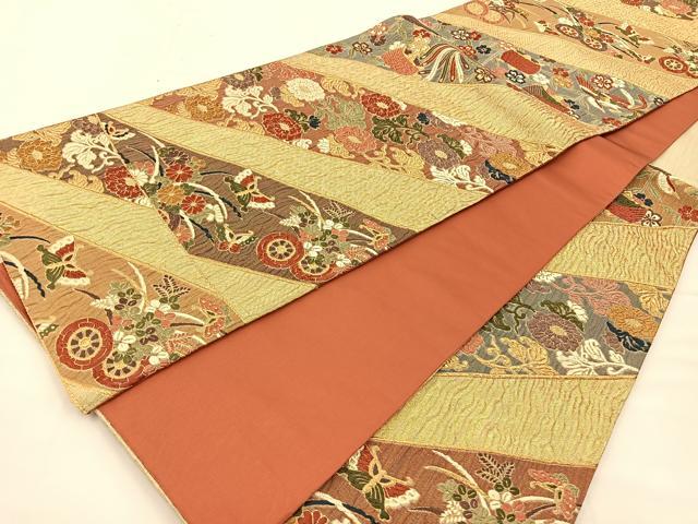 平和屋着物◎六通柄袋帯 唐織 ふくれ織 花蝶文 金糸 正絹 逸品 BAAT7610ow