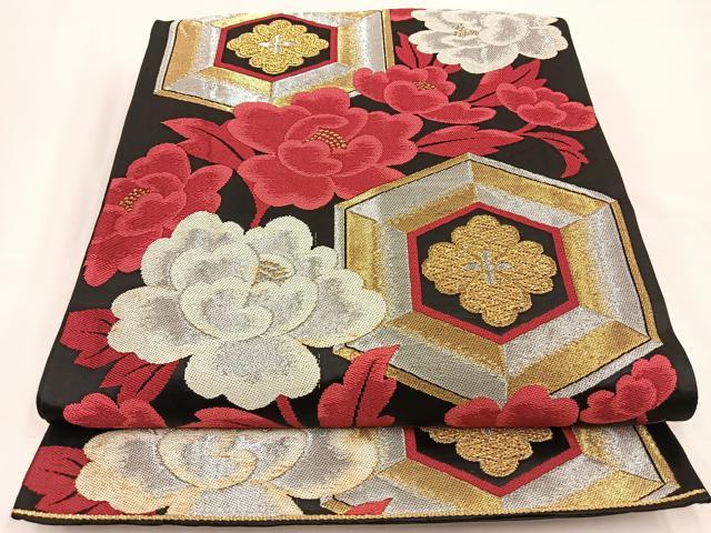 平和屋着物◎六通柄袋帯 唐織 亀甲花文 黒地 金銀糸 正絹 逸品 BAAT7670ow