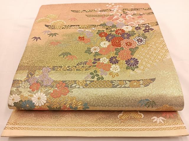 平和屋着物◎六通柄袋帯 唐織 草花文 金糸 正絹 逸品 BAAT7688ow