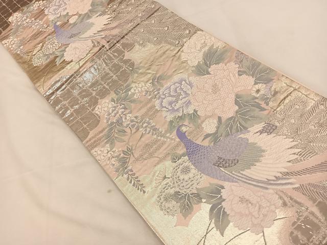 平和屋着物◎六通柄袋帯 唐織 孔雀花文 プラチナ二重織 正絹 逸品 BAAT7725ow