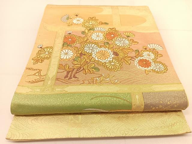 平和屋着物◎太鼓柄袋帯 刺繍 菊花文 金銀糸 正絹 逸品 BAAT7954yc