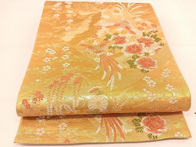 平和屋着物◎六通柄袋帯 色紙鳳凰花文 金糸 正絹 逸品 BAAT8033yc