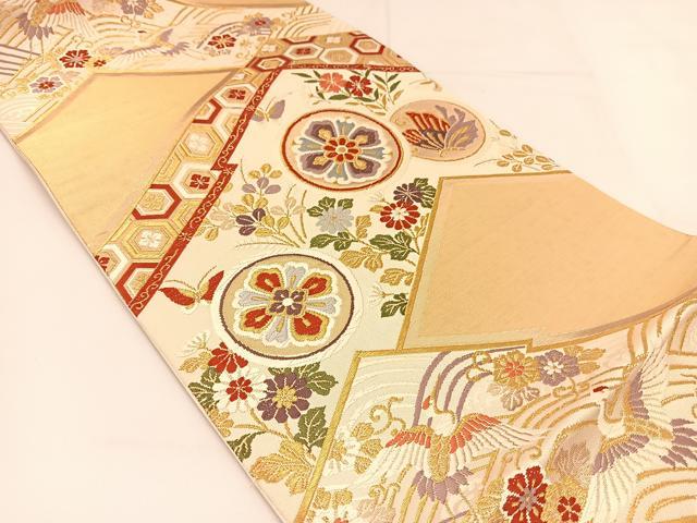 平和屋着物◎六通柄袋帯 唐織 松皮菱飛鶴花蝶文 金糸 正絹 逸品 BAAT8038yc
