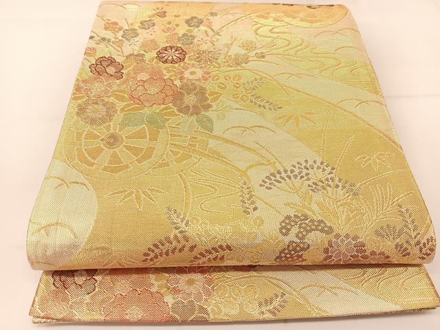 平和屋着物◎佐賀錦 六通柄袋帯 秋草花車文 金糸 正絹 逸品 BAAT8092yc
