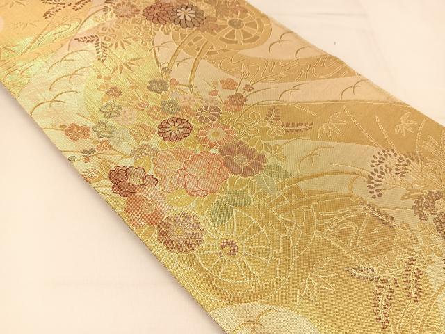 平和屋着物◎佐賀錦 六通柄袋帯 秋草花車文 金糸 正絹 逸品 BAAT8092yc