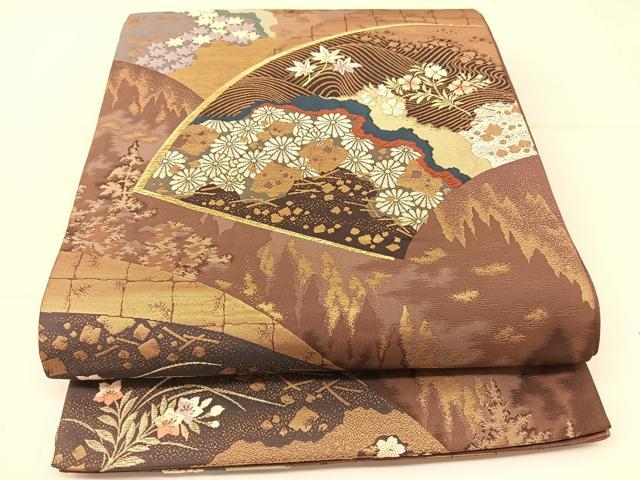 平和屋着物◎六通柄袋帯 唐織 扇面秋草文 金糸 正絹 逸品 BAAT8093yc
