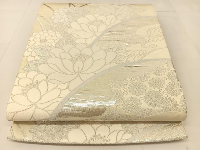 平和屋着物◎六通柄袋帯 地紙花文 銀糸 正絹 逸品 BAAT8104yc