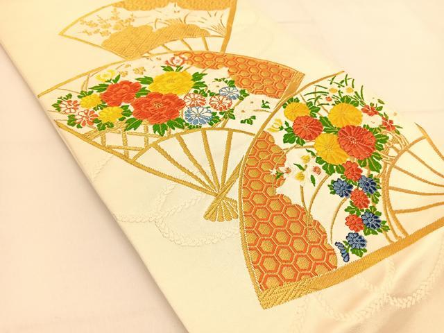 平和屋着物◎六通柄袋帯 唐織 扇面花文 金糸 正絹 逸品 BAAT8143yc