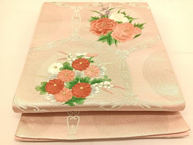 平和屋着物◎六通柄袋帯 刺繍 花丸文 銀糸 正絹 逸品 BAAT8146yc