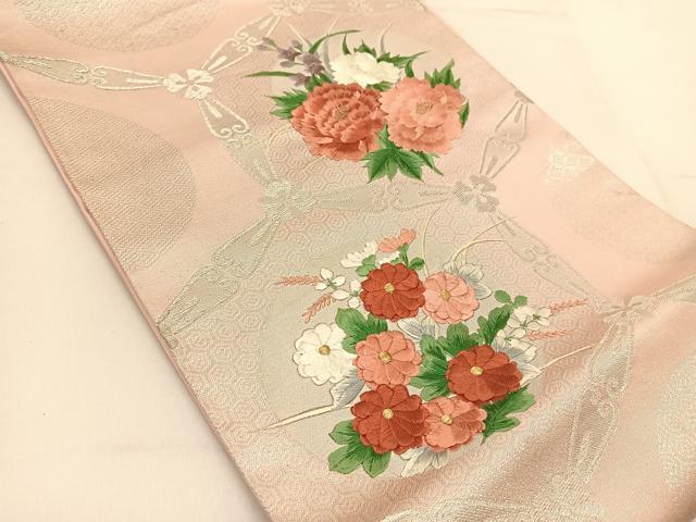 平和屋着物◎六通柄袋帯 刺繍 花丸文 銀糸 正絹 逸品 BAAT8146yc