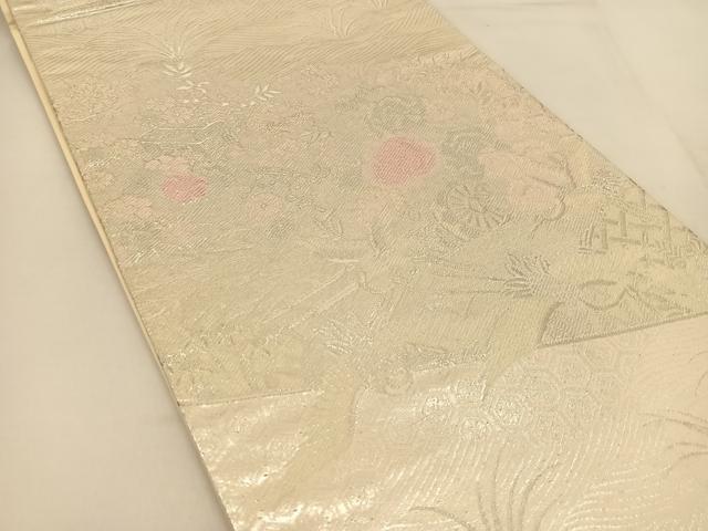 平和屋着物◎六通柄袋帯 唐織 御所車花鳥文 銀糸 正絹 逸品 BAAT8148yc
