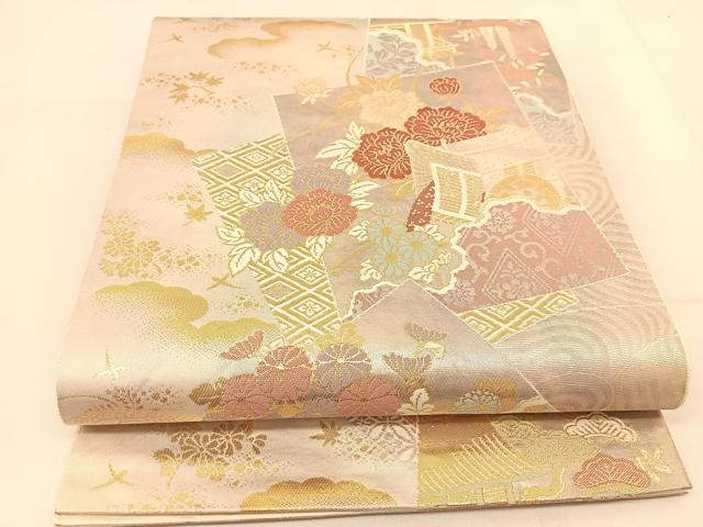 平和屋着物◎六通柄袋帯 色紙重ね御所車花文 金銀糸 正絹 逸品 BAAT8162yc
