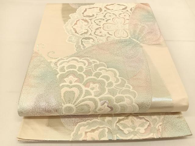 平和屋着物◎六通柄袋帯 花蝶文 銀糸 正絹 逸品 BAAT8185yc