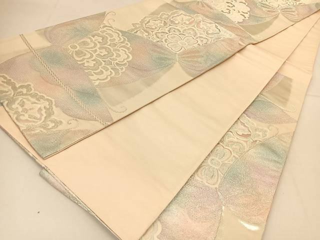 平和屋着物◎六通柄袋帯 花蝶文 銀糸 正絹 逸品 BAAT8185yc