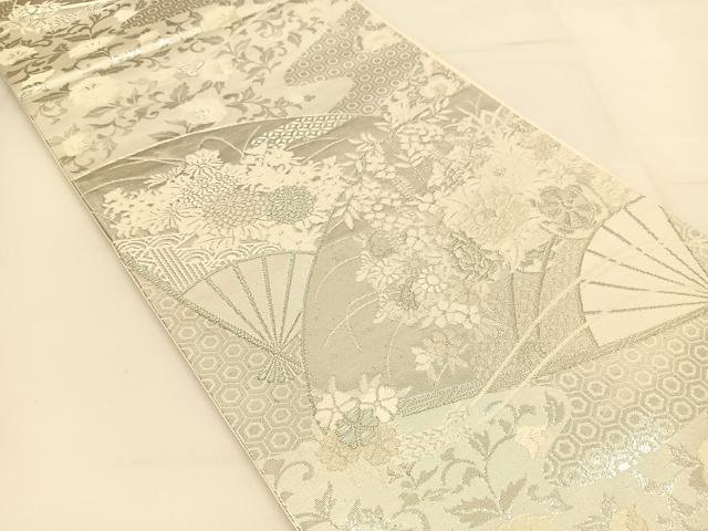 平和屋着物◎六通柄袋帯 唐織 美保姿 扇面花車文 銀糸 正絹 逸品 BAAT8187yc