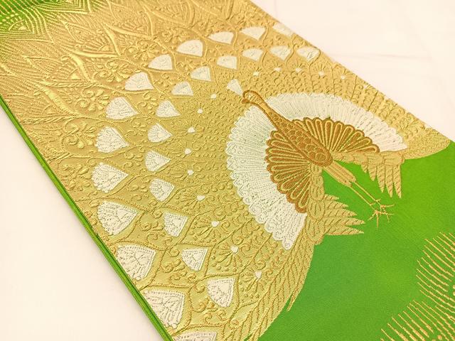 平和屋着物◎六通柄袋帯 唐織 孔雀文 金糸 正絹 逸品 BAAT8193yc