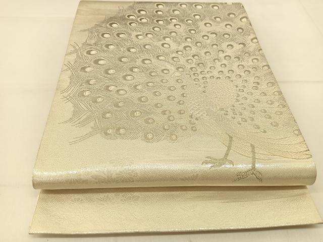 平和屋着物◎太鼓柄袋帯 唐織 雄麗四季孔雀文 銀糸 正絹 逸品 BAAT8218yc