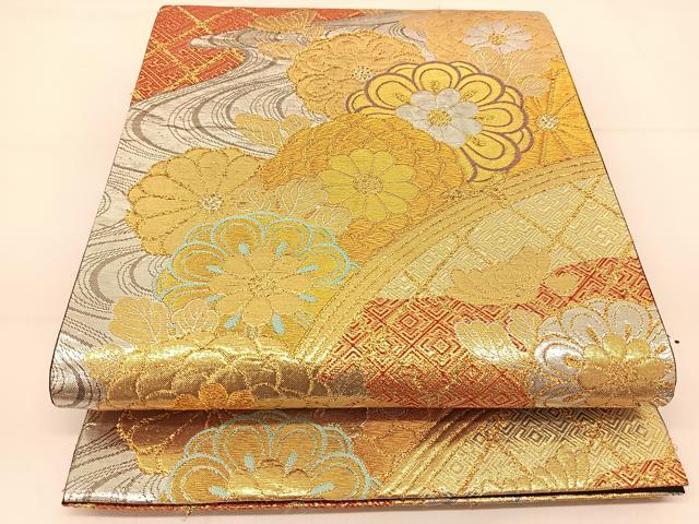 平和屋着物◎六通柄袋帯 流水菊花文 金銀糸 正絹 逸品 BAAT8238yc