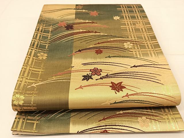 平和屋着物◎六通柄袋帯 唐織 吹き寄せ文 金糸 正絹 逸品 BAAT8251yc