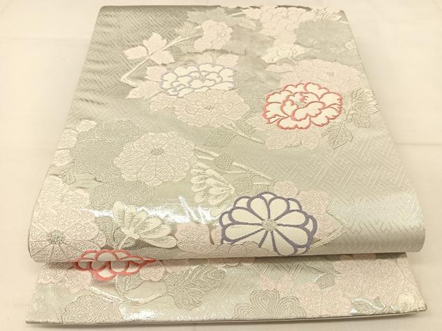 平和屋着物◎六通柄袋帯 草花文 銀糸 正絹 逸品 BAAT8253yc