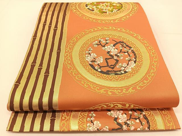 平和屋着物◎六通柄袋帯 唐織 花絵皿 金糸 正絹 逸品 BAAT8254yc