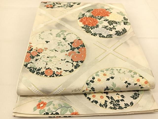 平和屋着物◎六通柄袋帯 唐織 菱天井花丸文 金銀糸 正絹 逸品 BAAT8347yc