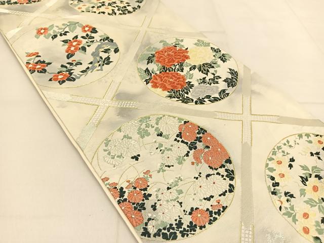 平和屋着物◎六通柄袋帯 唐織 菱天井花丸文 金銀糸 正絹 逸品 BAAT8347yc