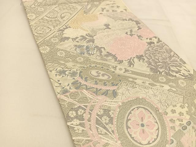 平和屋着物◎六通柄袋帯 唐織 プラチナ本銀二重織 鳳凰楽器花文 正絹 逸品 BAAT8360yc