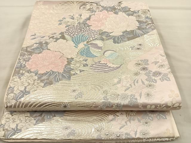 平和屋着物◎六通柄袋帯 唐織 鴛鴦花文 銀糸 正絹 逸品 BAAT8617fc