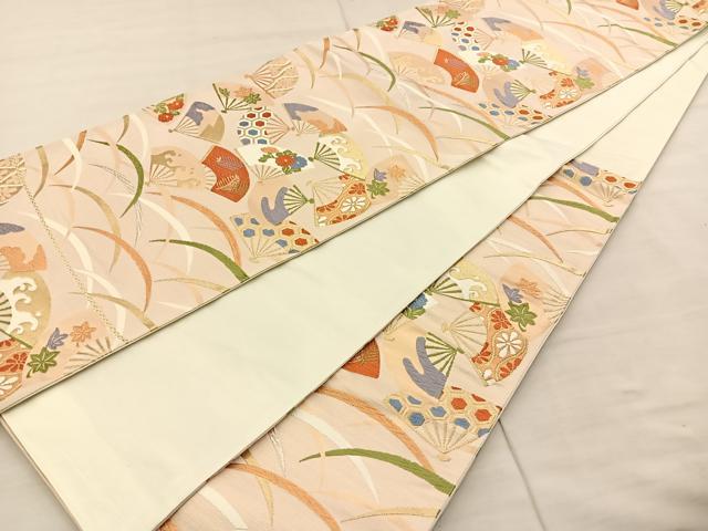 平和屋着物◎六通柄袋帯 唐織 能衣扇面霧芝文 金銀糸 正絹 逸品 BAAT8640fc