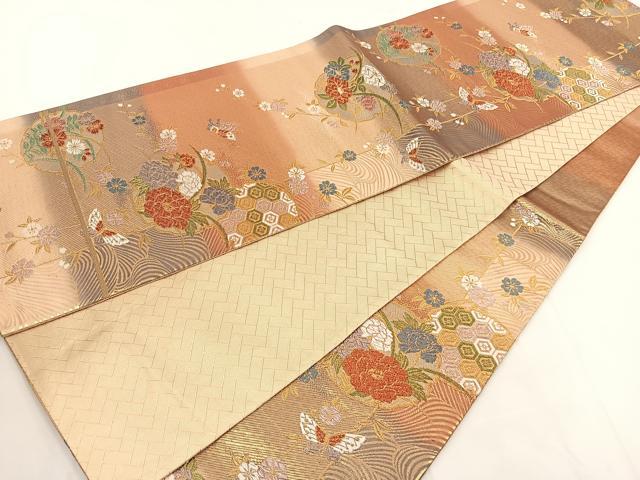 平和屋着物◎六通柄袋帯 雪輪花蝶文 金糸 正絹 逸品 BAAT8884yt