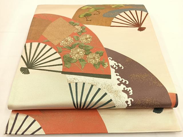平和屋着物◎六通柄袋帯 刺繍 扇面花文 金彩 正絹 逸品 BAAT8893yt