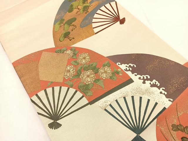 平和屋着物◎六通柄袋帯 刺繍 扇面花文 金彩 正絹 逸品 BAAT8893yt