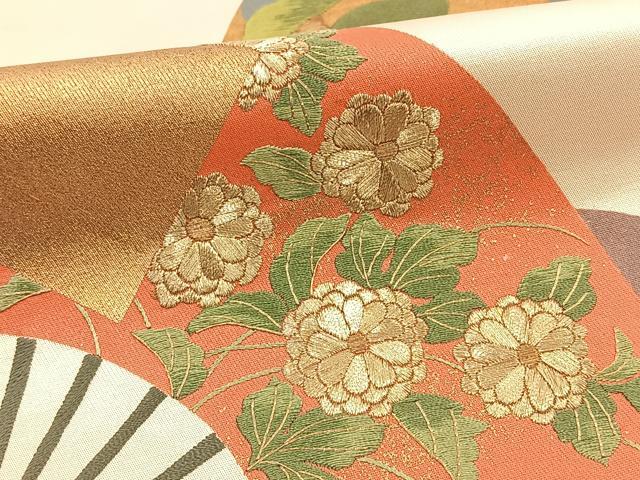 平和屋着物◎六通柄袋帯 刺繍 扇面花文 金彩 正絹 逸品 BAAT8893yt