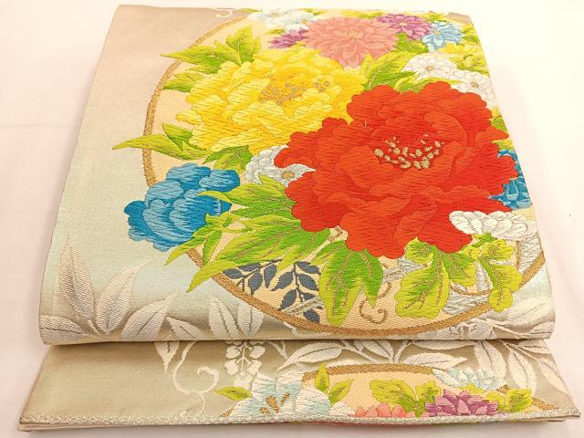 こばはる　夏帯　袋帯　六通　絽　桔梗　萩　花菖蒲　花柄　銀糸　正絹 夏帯】袋帯 桔梗 萩 花菖蒲 花柄 絽 銀糸 絹 白 アイボリー 水色
