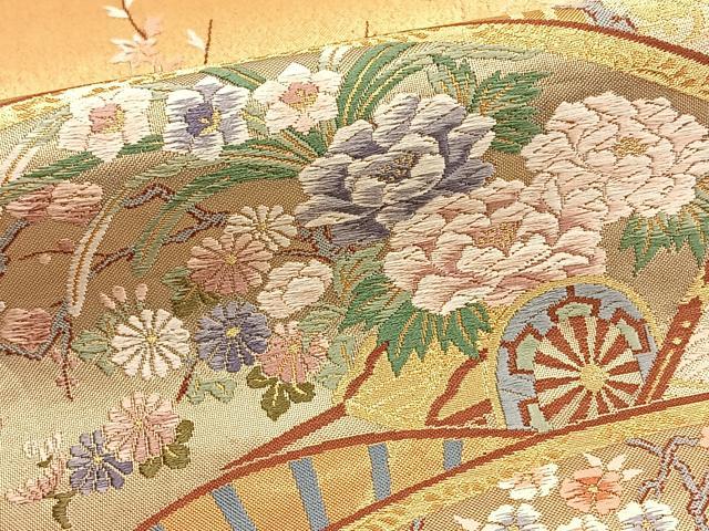 平和屋着物◎六通柄袋帯 唐織 扇面花文 金銀糸 正絹 逸品 BAAT8906yt