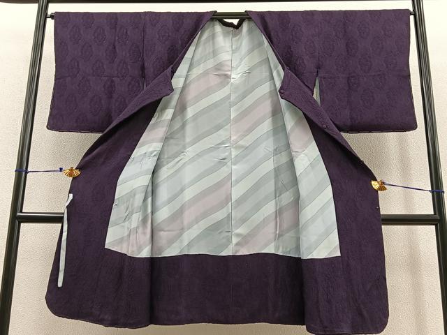 平和屋着物#道行コート ロング丈 色無地 お召地 立涌花地紋 葡萄色 正絹 逸品 BAAT8981gt