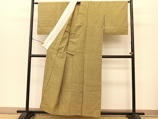 平和屋着物▽上質な紬 単衣 縞 正絹 逸品 BAAT9015yc