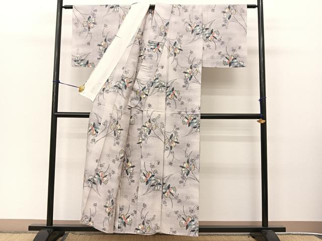 平和屋着物▽上質な紬 単衣 草花文 正絹 逸品 BAAT9030yc