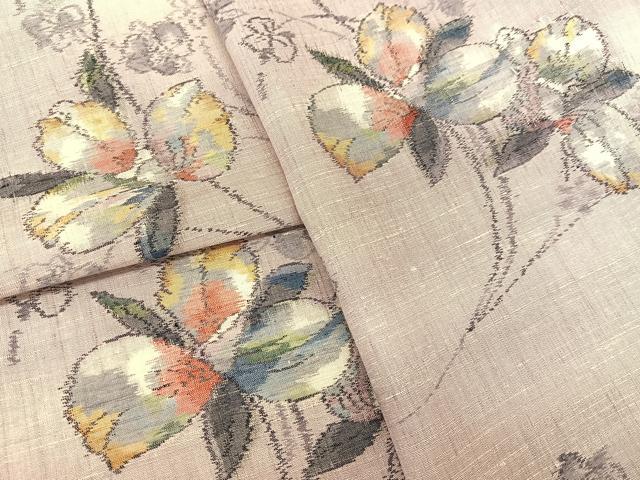 平和屋着物▽上質な紬 単衣 草花文 正絹 逸品 BAAT9030yc