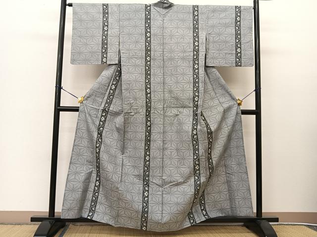 平和屋着物▽本場大島紬 単衣 麻の葉花唐草間道 正絹 逸品 BAAT9054yc