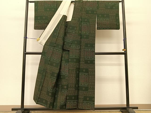 平和屋着物▽本場大島紬 薩摩結城 単衣 陶器花文 正絹 逸品 BAAT9065yc