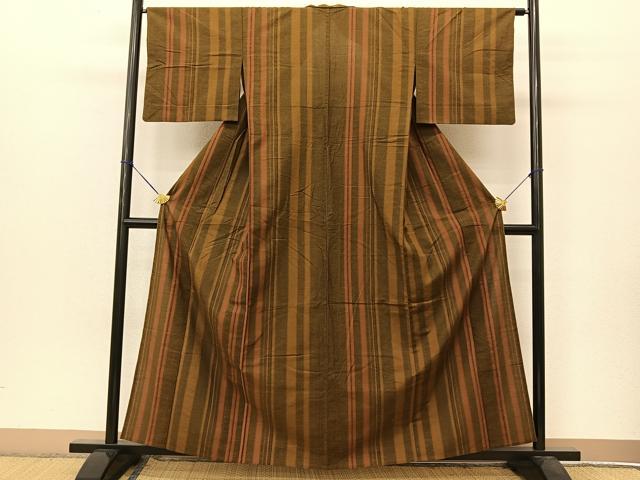 平和屋着物▽古代紬 単衣 間道 ますいわ屋扱い 証紙付き 正絹 逸品 BAAT9074yc