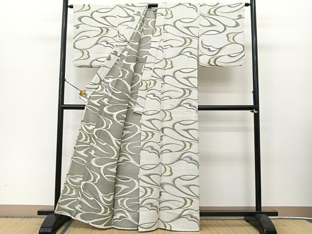 平和屋着物▽上質なお召 単衣 唐草文 正絹 逸品 BAAT9087yc