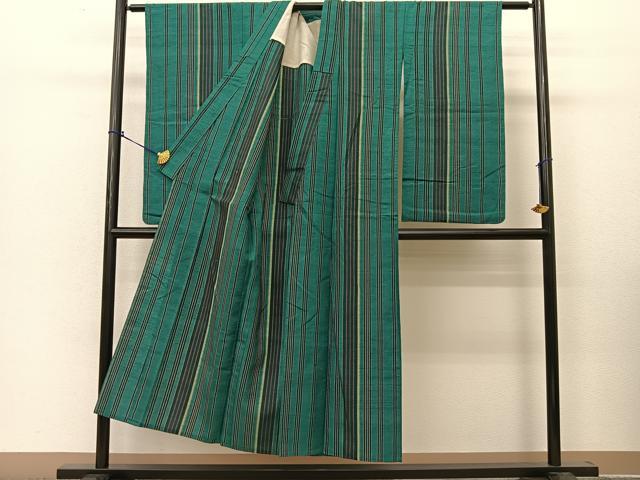 平和屋着物▽上質な紬 単衣 縞 正絹 逸品 BAAT9090yc