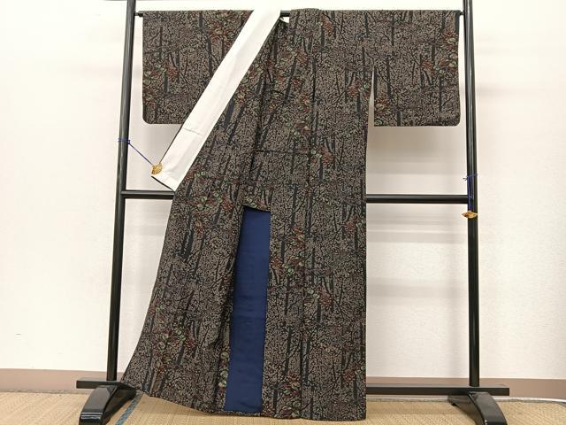 平和屋着物▽上質な紬 単衣 樹林文 正絹 逸品 BAAT9103yc
